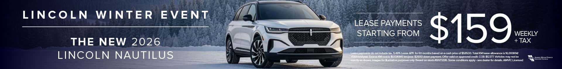 A silver 2026 Lincoln Nautilus Reserve SUV parked on a snowy road with a backdrop of snow-covered trees and soft winter lighting.