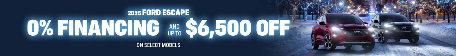 A red Ford Escape and a silver Ford Escape appear on a snowy urban road at night, surrounded by lit trees and high rise buildings. The promotion reads zero percent financing OAC and up to sixty five hundred dollars off select models.