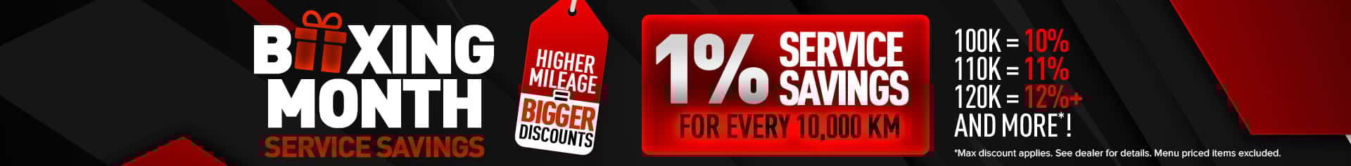 A bold red and black promotional graphic with the words “Boxing Month Service Savings.” A red gift icon replaces the “O” in “Boxing.” A large red tag reads “Higher Mileage = Bigger Discounts.” A glowing red box displays “1% Service Savings for Every 10,000 KM.” Beside it, mileage examples show “100K = 10%, 110K = 11%, 120K = 12%+ and more.”