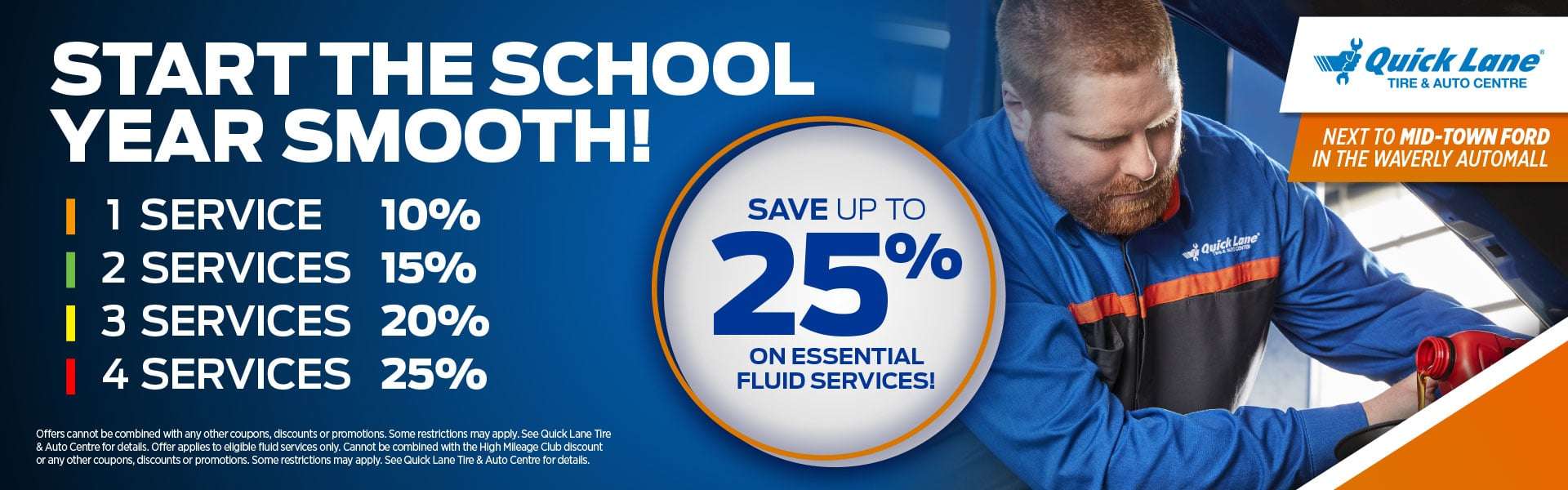 Quick Lane technician servicing a vehicle, promoting savings of up to 25% on eligible essential fluid services at Quick Lane next to Mid-Town Ford in Winnipeg.