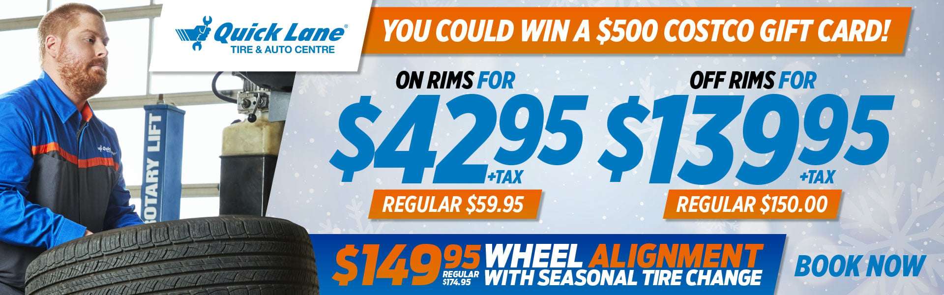Mid-Town Ford Quick Lane technician handling tires, promoting seasonal tire change specials, wheel alignment savings, and a chance to win a $500 Costco gift card.