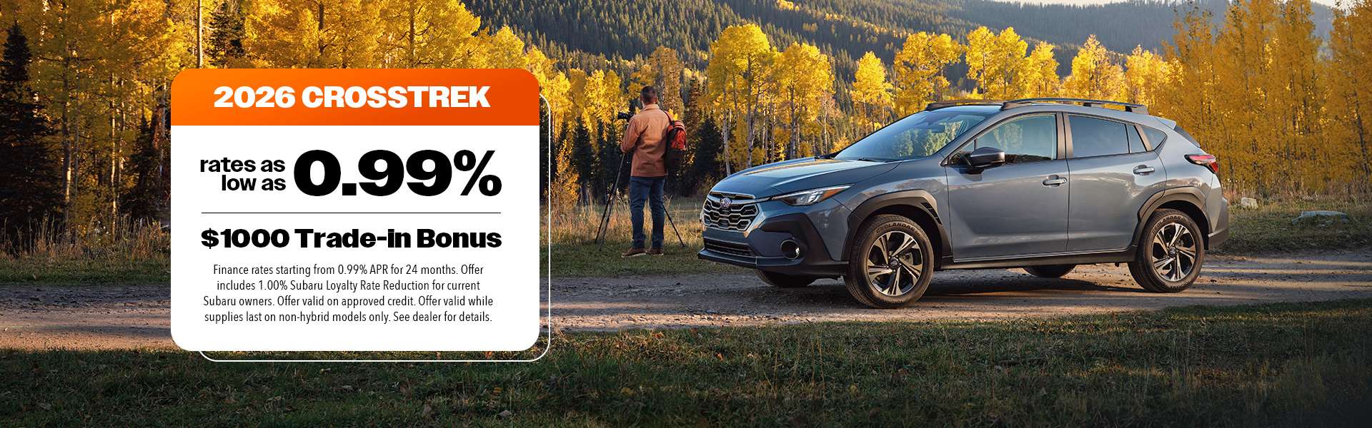 Financing rates as low as 0.99% on new Subaru Crosstrek at Subaru of Saskatoon, see dealer for more info