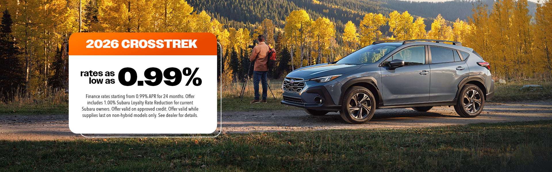Financing rates as low as 0.99% on new Subaru Crosstrek at Subaru of Saskatoon, see dealer for more info