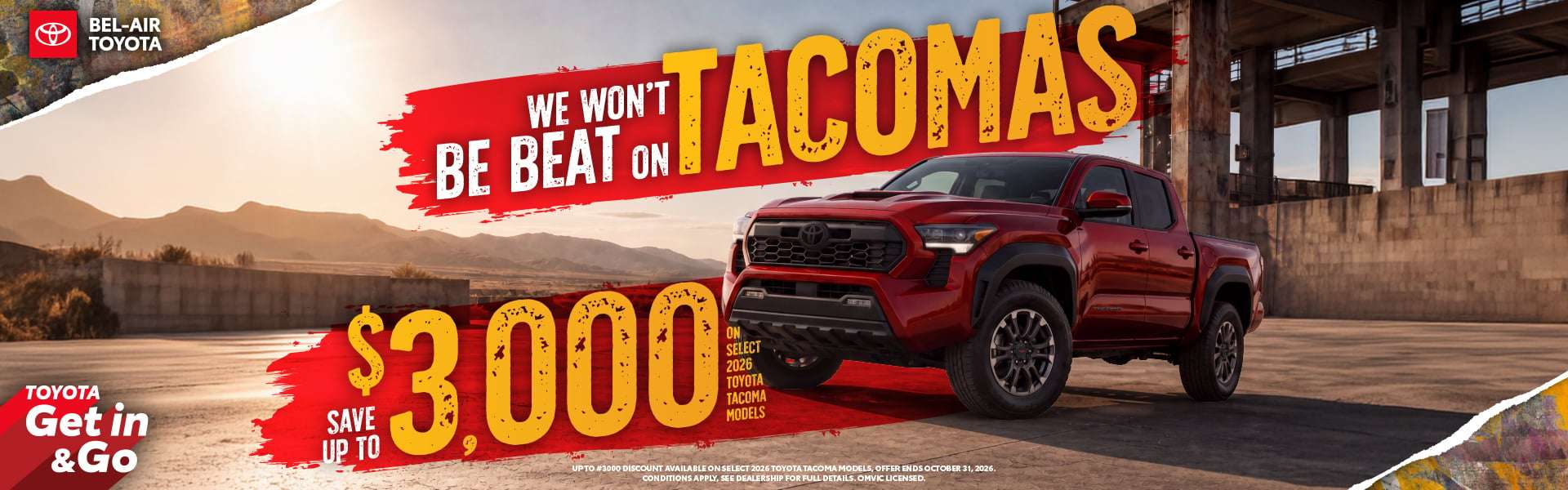 save up to $3,000 on select 2026 Toyota Tacoma models at Bel-Air Toyota