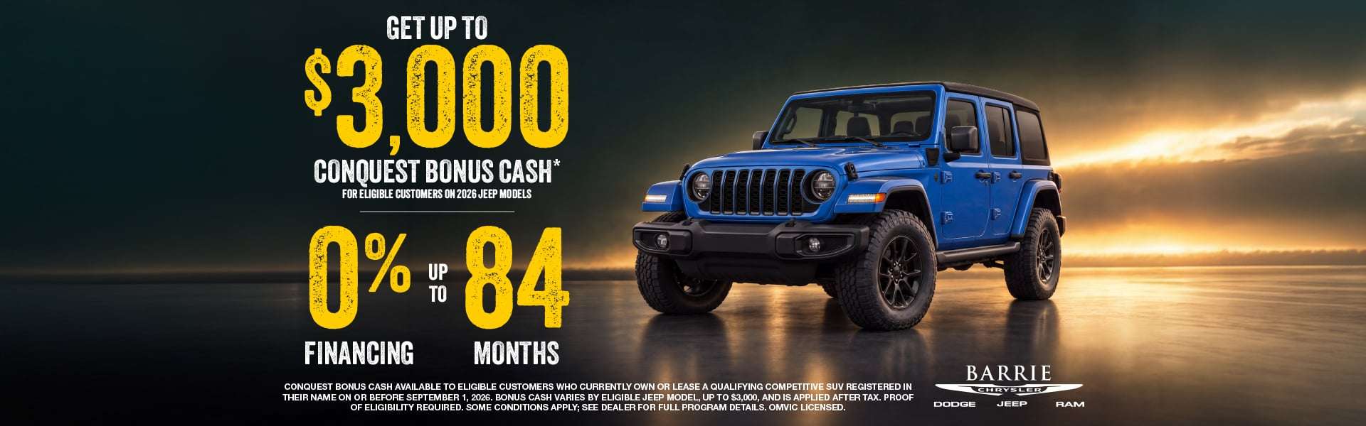 Switch from your current SUV andGet Up to $3,000 in Conquest Bonus Cash On Select New Jeep Models*