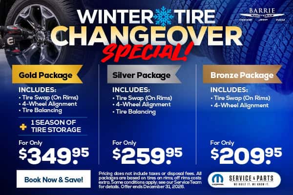 Winter Tire Changeover Special Gold: For Only $349.95 Includes: Tire Swap (On Rims) 4-Wheel Alignment Tire Balancing + 1 Season Of Tire Storage Silver: For Only $259.95 Includes: Tire Swap (On Rims) 4-Wheel Alignment Tire Balancing Bronze: For Only $209.95 Includes: Tire Swap (On Rims) 4-Wheel Alignment