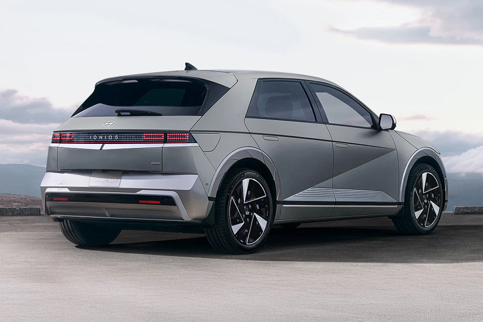 Rear view of the 2026 Hyundai IONIQ 5 with pixel-inspired LED taillights and bold hatchback styling