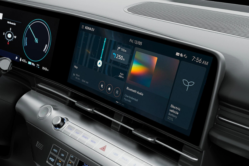 Hyundai Kona Electric digital dashboard and infotainment display highlighting navigation, EV data, and connectivity features.