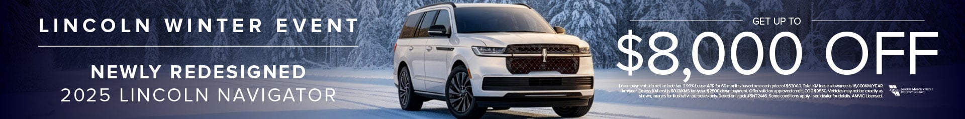 A white 2025 Lincoln Navigator parked on a snowy road surrounded by a dense forest of snow-covered trees.