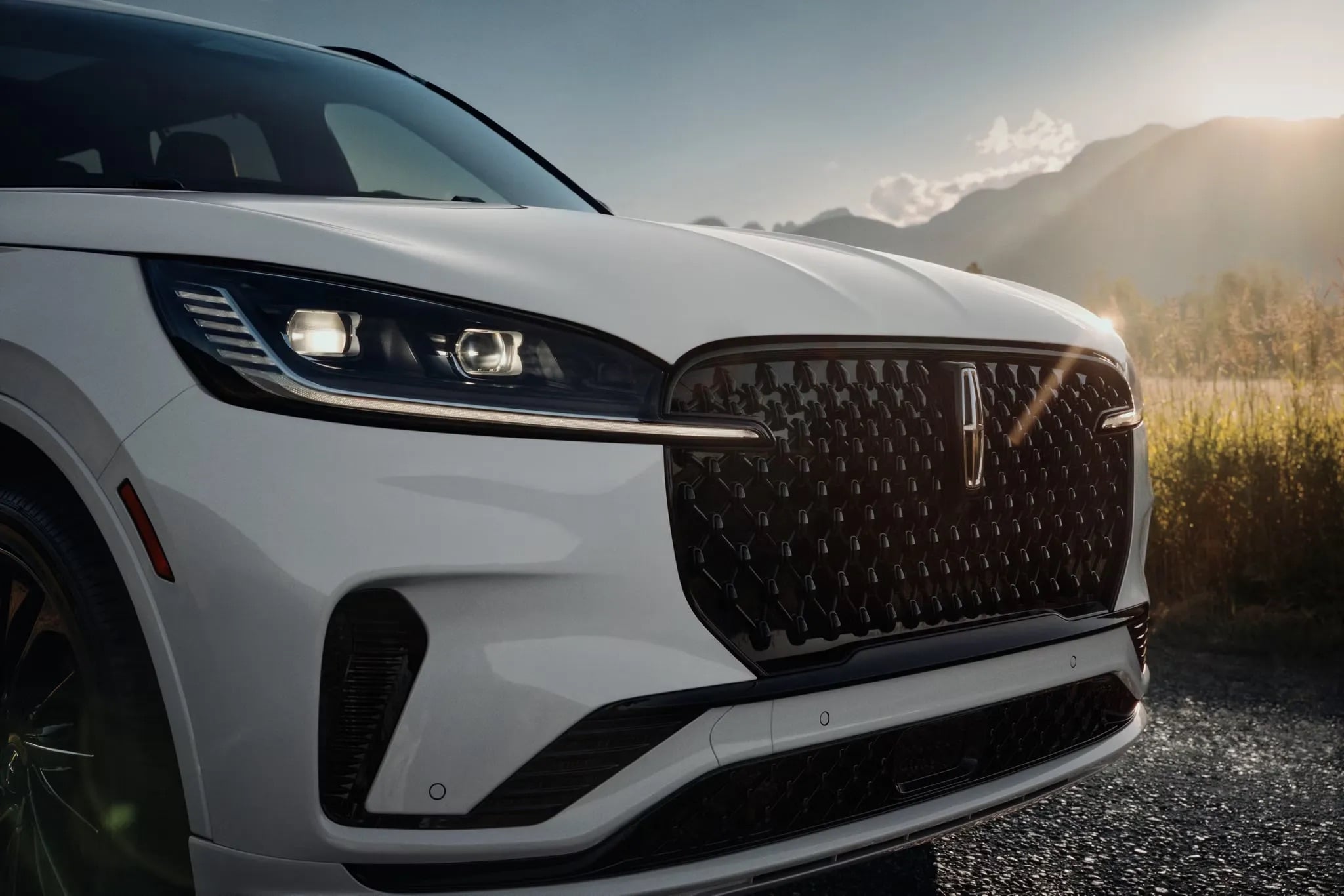 2026 Lincoln Aviator front headlight and grille detail luxury SUV design
