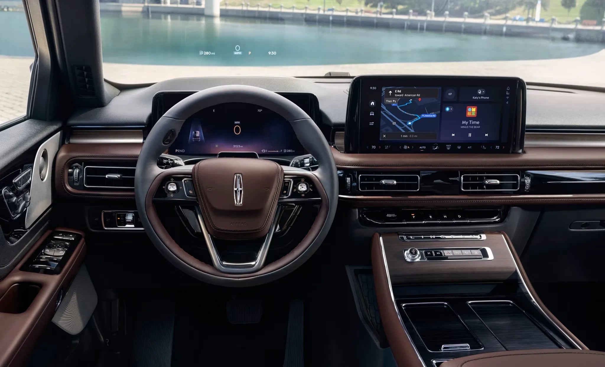 2026 Lincoln Aviator driver cockpit with Lincoln steering wheel and digital infotainment display