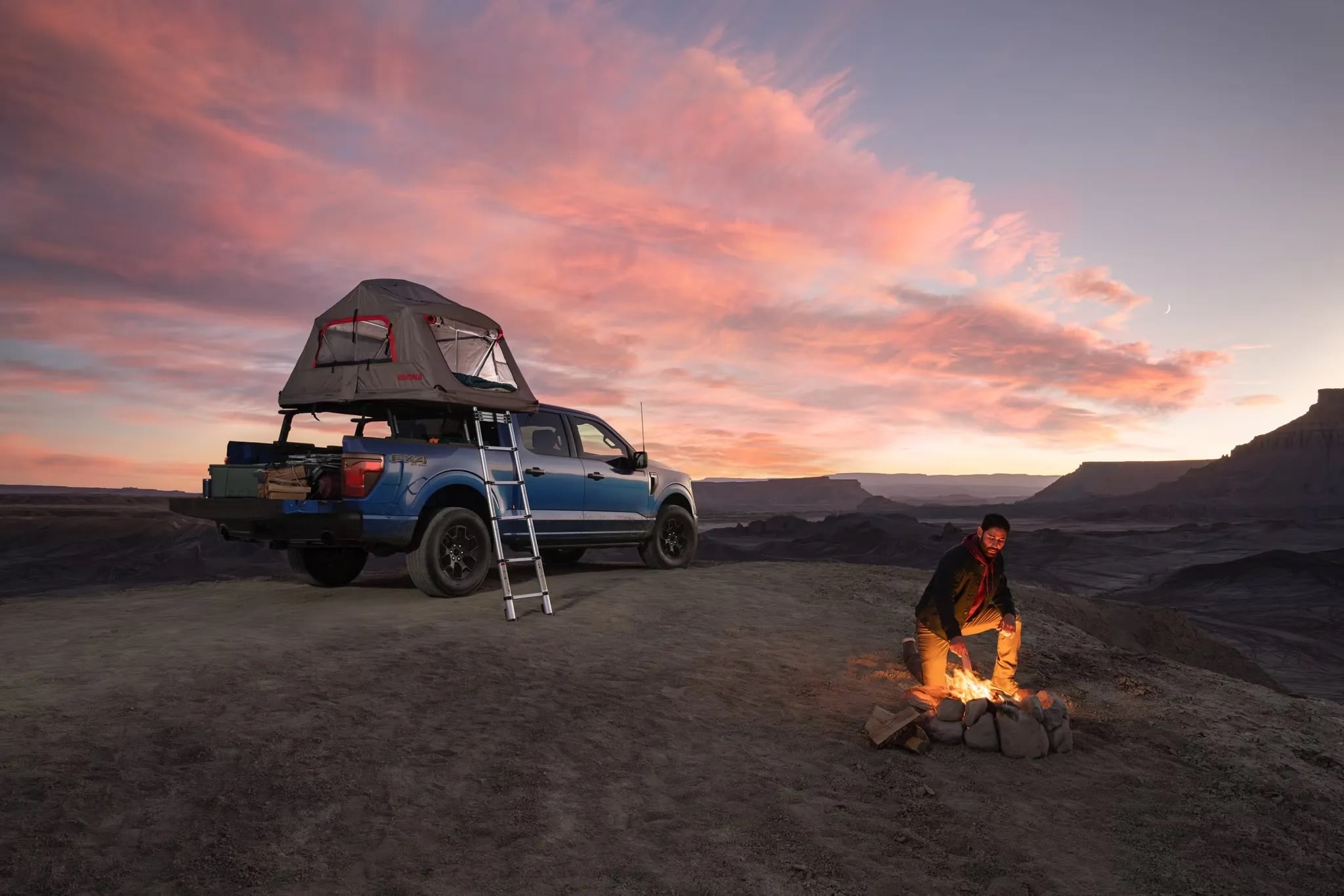 2026 Ford F-150 with rooftop tent set up at sunset