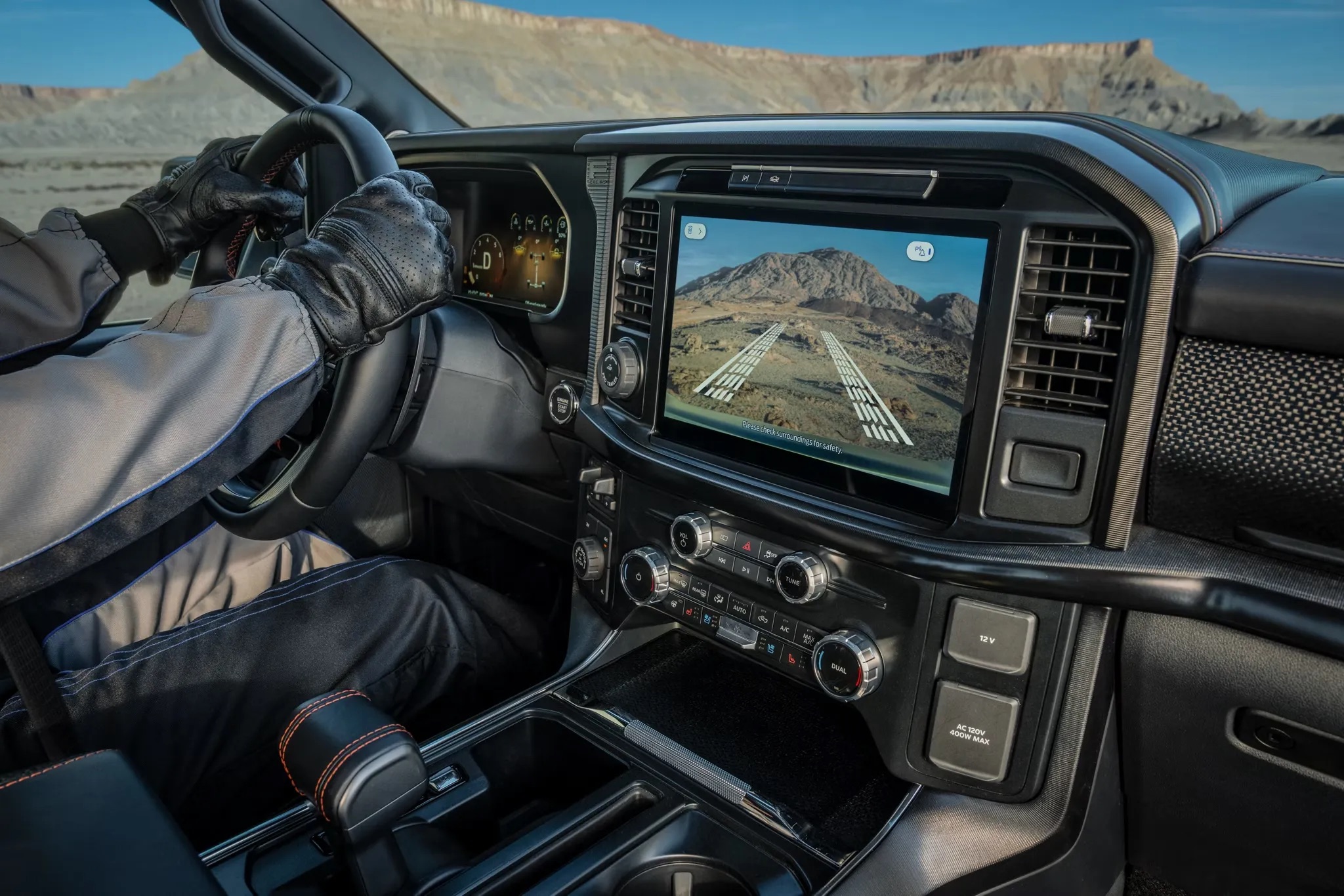 Interior view of the 2026 Ford F-150 with navigation screen visible