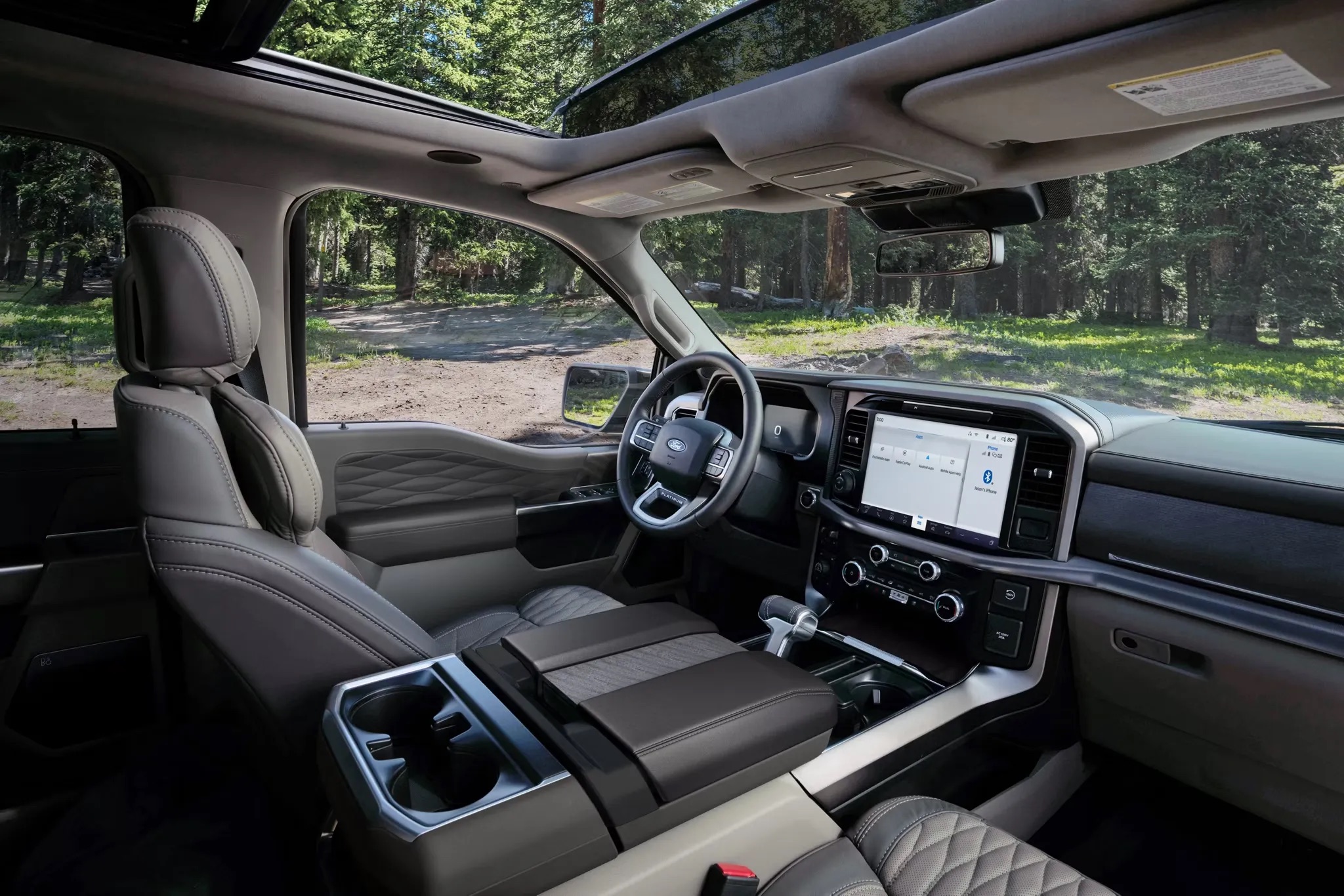 Wide interior view showing seats and dashboard of the 2026 Ford F-150