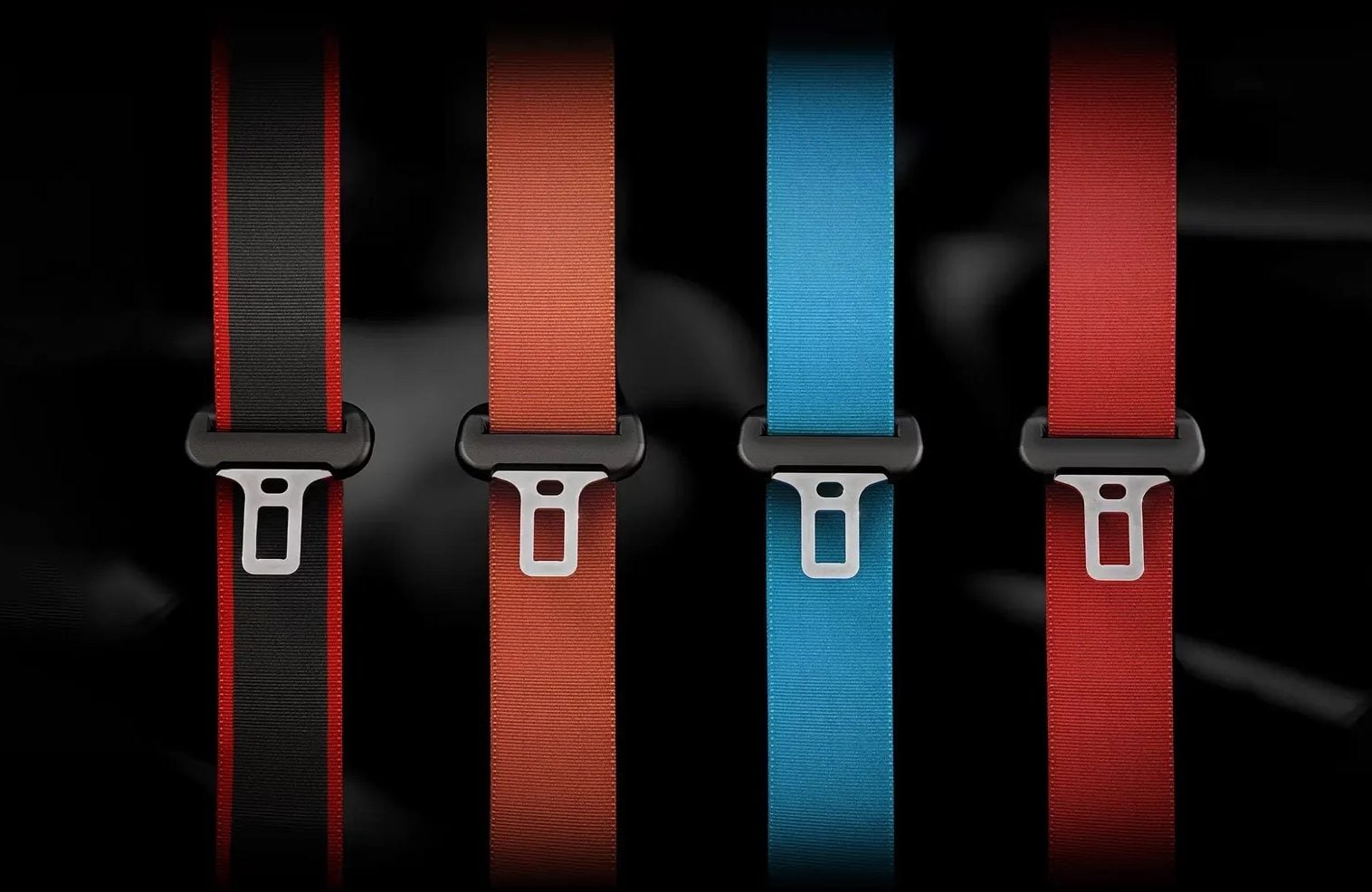 2026 Ford Mustang seatbelt options including Race Red, Black with Red Stripe, International Orange, and Prime Blue, showcasing bold interior accents for driver and passenger.