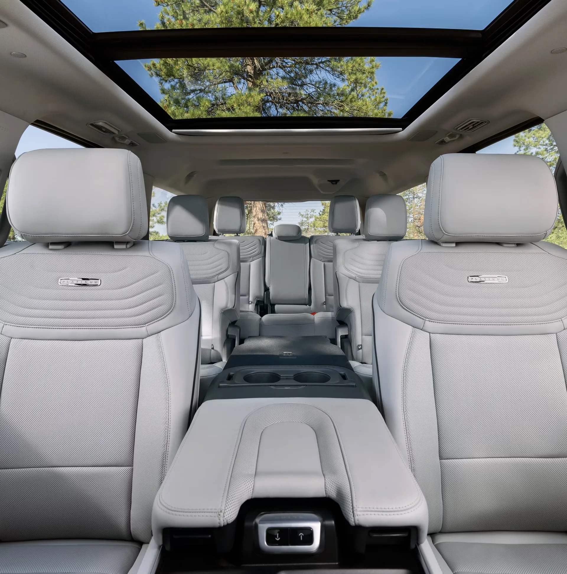 2026 Ford Expedition third-row seating with leather upholstery, showcasing spaciousness and passenger comfort.