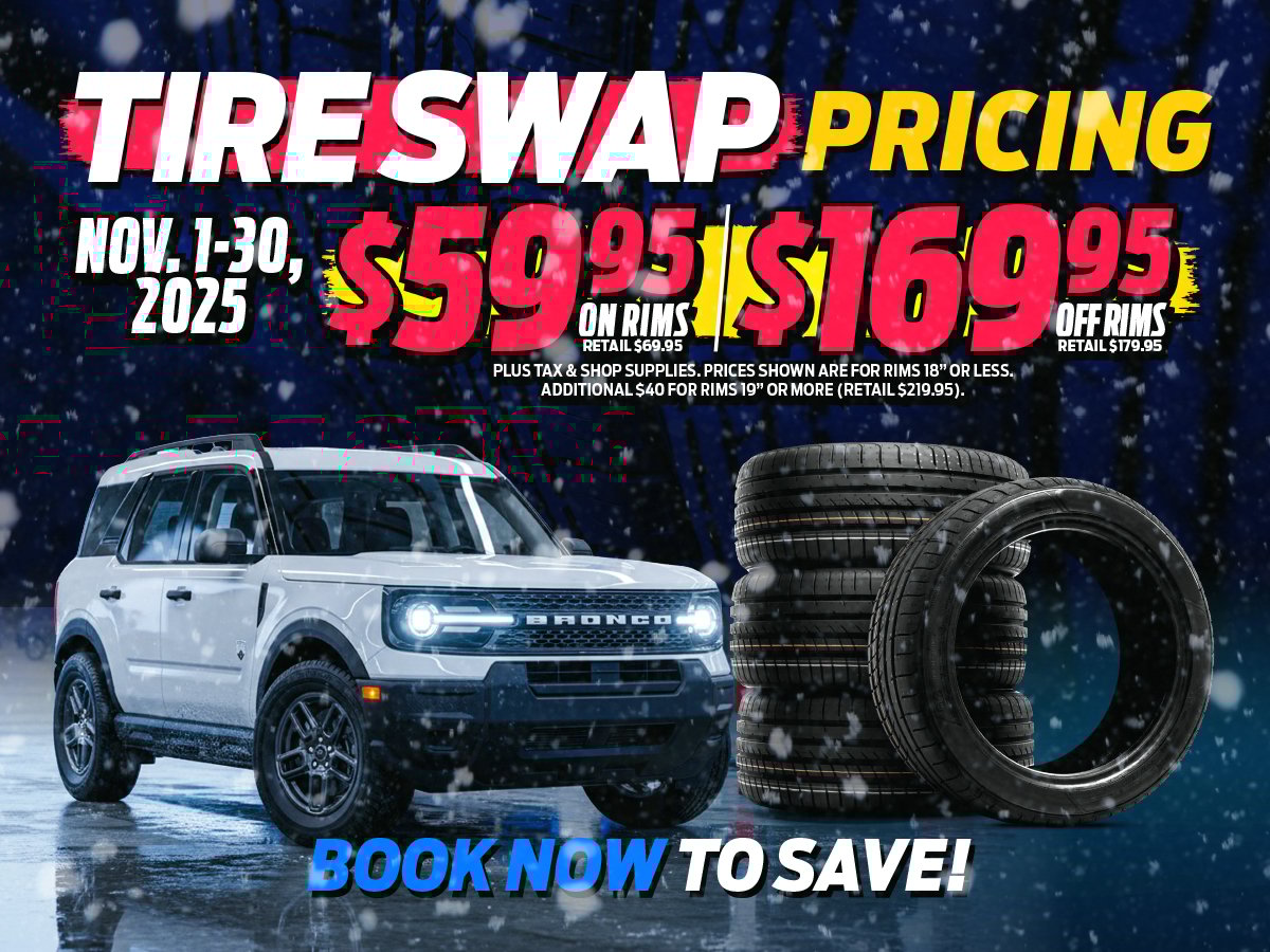 Snowy background with a Ford Bronco Sport and tire stack, promoting Waterloo Ford’s November tire swap pricing.