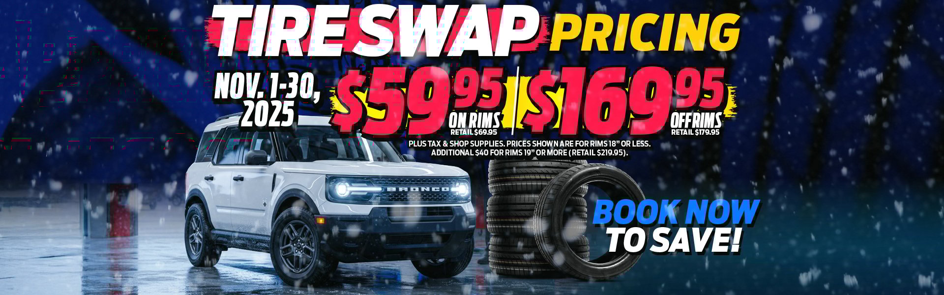 Snowy background with a Ford Bronco Sport and tire stack, promoting Waterloo Ford’s November tire swap pricing.