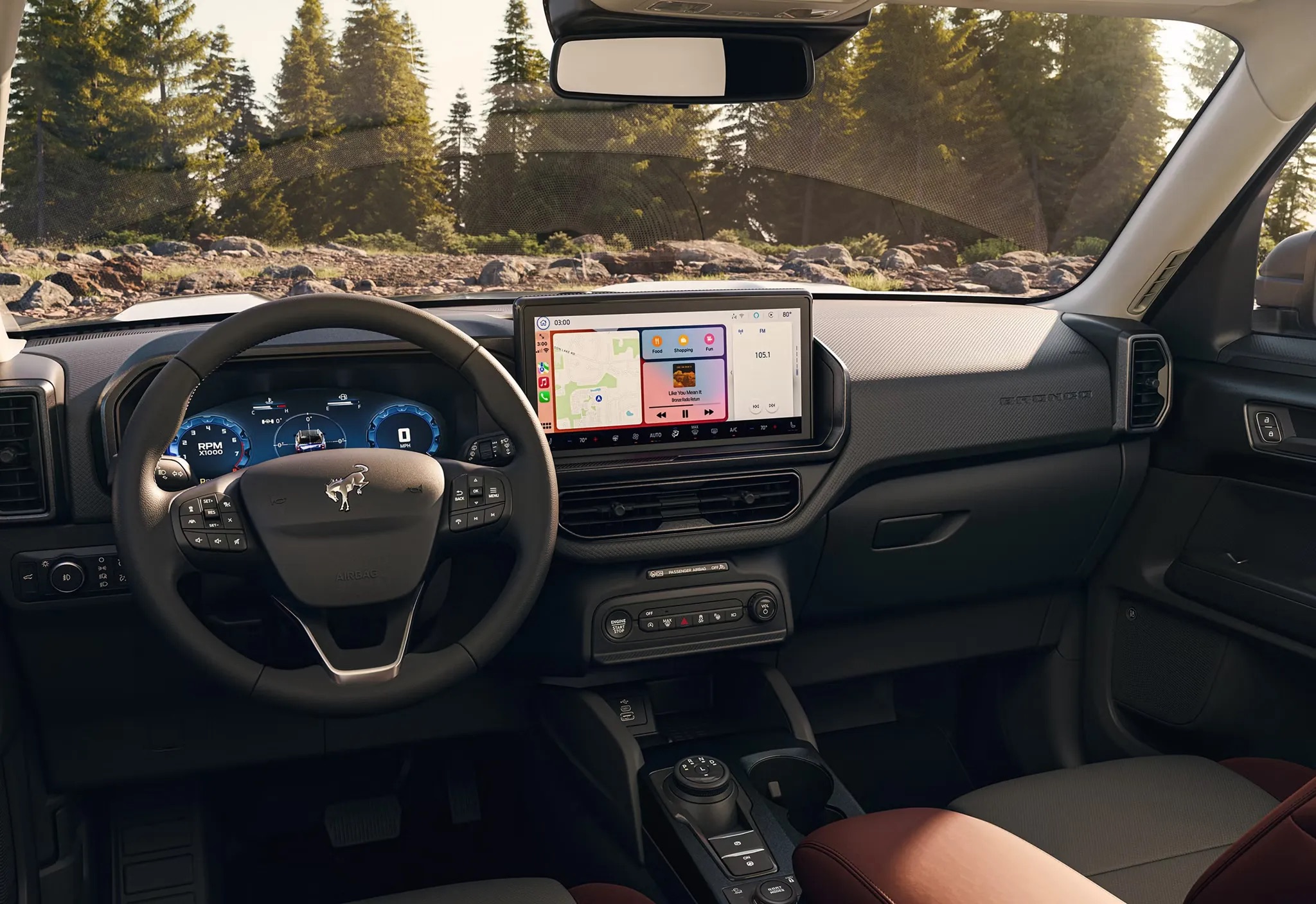 Interior dashboard view with infotainment screen in a 2026 Ford Bronco Sport