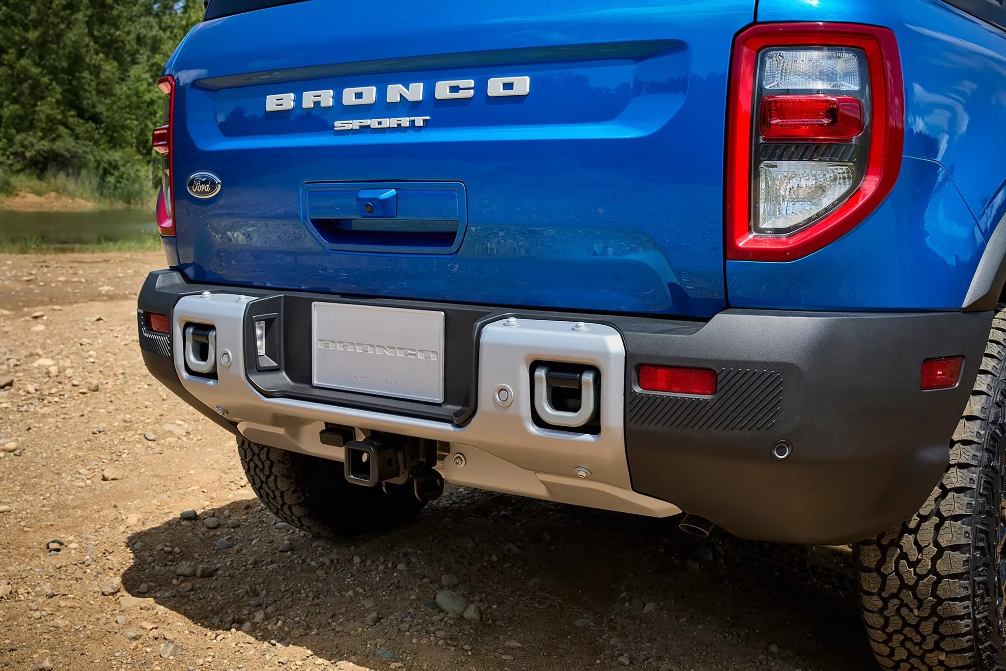 Rear view of a blue 2026 Ford Bronco Sport showing tailgate and bumper