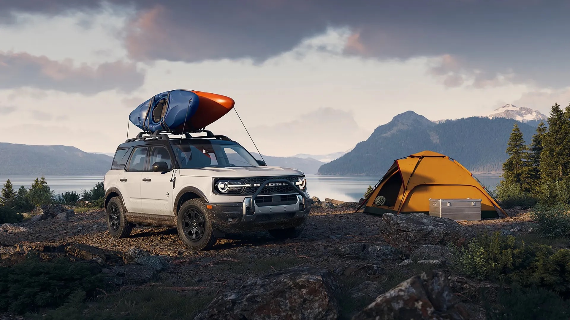 2026 Ford Bronco Sport parked at a campsite with outdoor gear