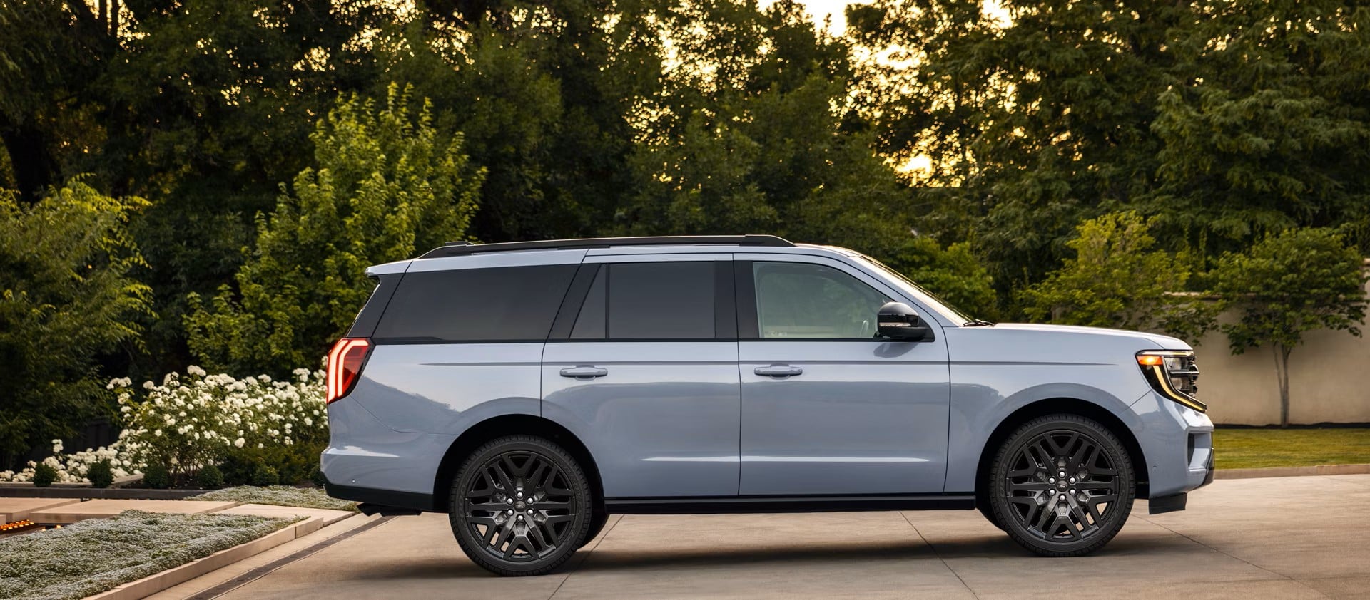 Side profile of a silver Ford Expedition parked on a residential street.