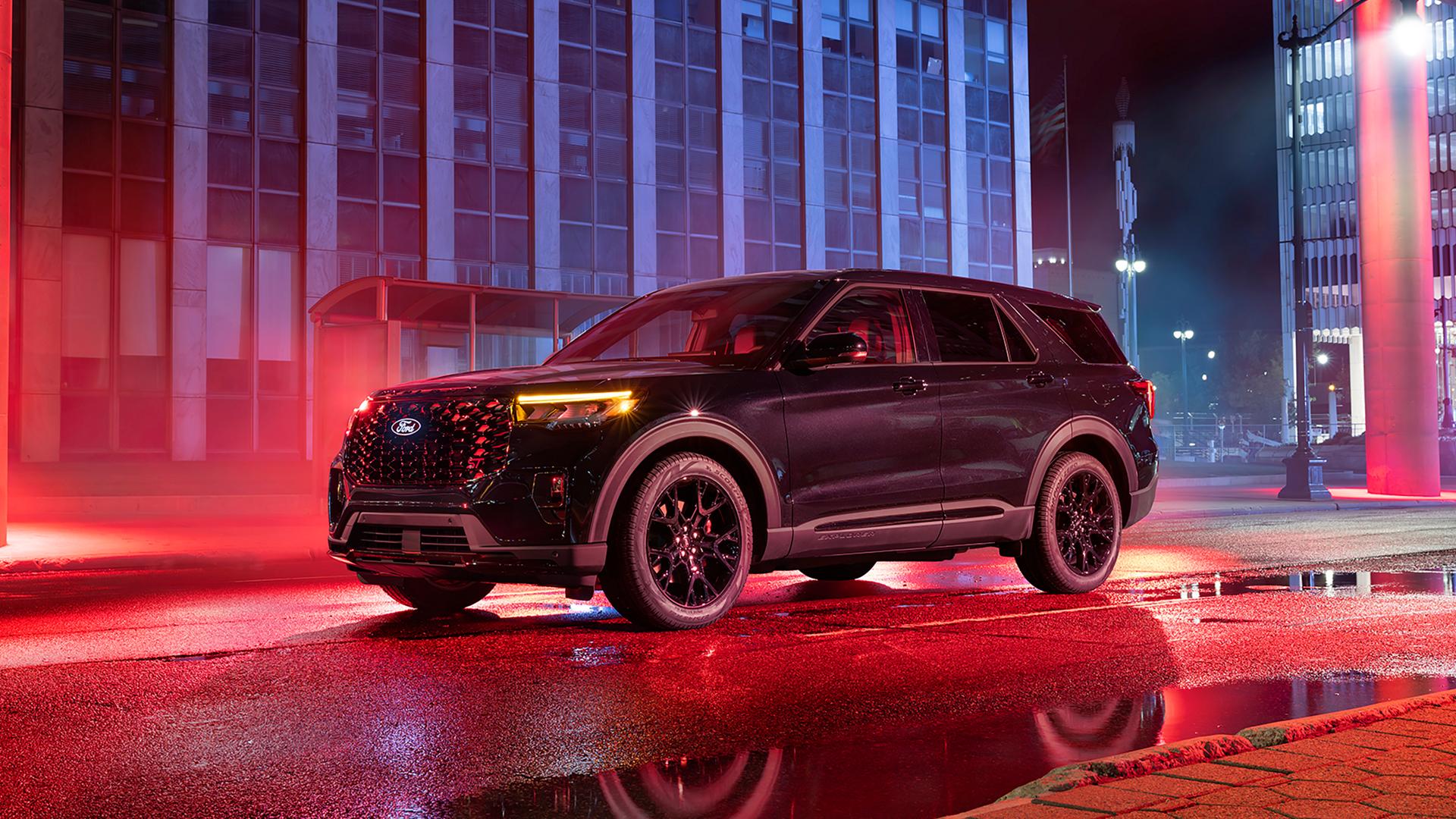 Side profile of a 2027 Ford Explorer on a rain-soaked city street
