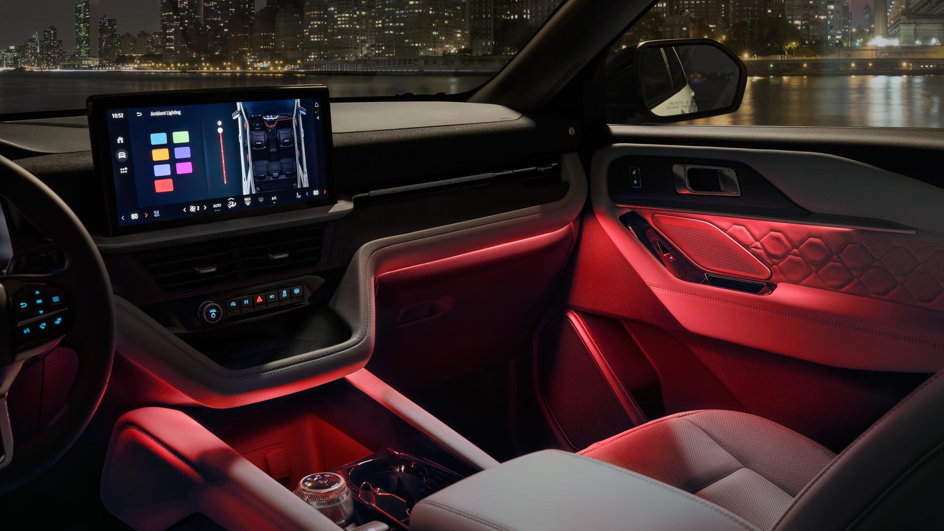 2027 Ford Explorer dashboard, centre touchscreen, and red interior accents