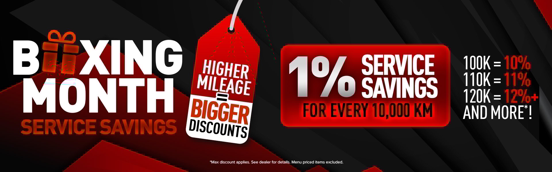 A bold red and black promotional graphic with the words “Boxing Month Service Savings.” A red gift icon replaces the “O” in “Boxing.” A large red tag reads “Higher Mileage = Bigger Discounts.” A glowing red box displays “1% Service Savings for Every 10,000 KM.” Beside it, mileage examples show “100K = 10%, 110K = 11%, 120K = 12%+ and more.”