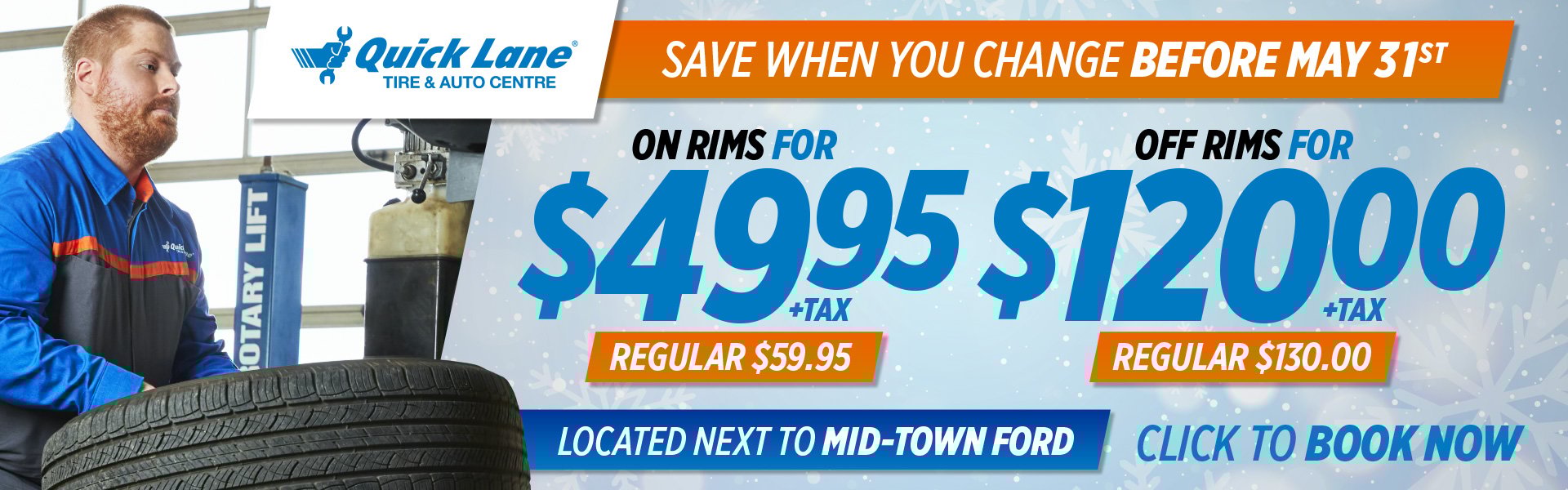 2025-09_MTF_ServiceOffers-October2025_1920x600-2 Quick Lane technician holding a tire in a service bay with promotional pricing for seasonal tire swaps. Text includes special pricing for on and off rims, a free alignment check, and a chance to win a $500 Costco gift card when swapping tires before November 10th. Location listed as next to Mid-Town Ford in the Waverley Automall.