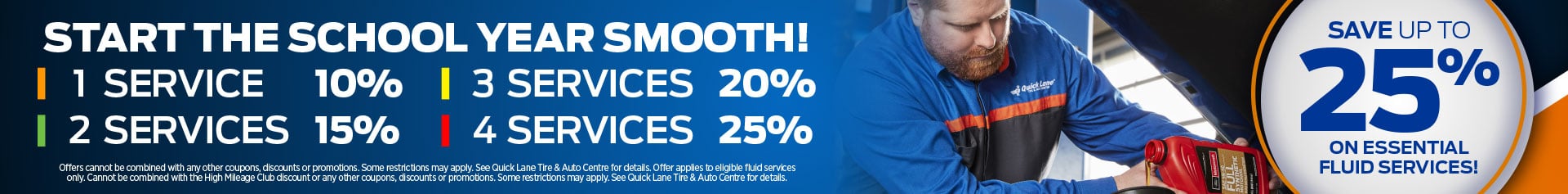 Quick Lane technician servicing a vehicle, promoting savings of up to 25% on eligible essential fluid services at Quick Lane next to Mid-Town Ford in Winnipeg.