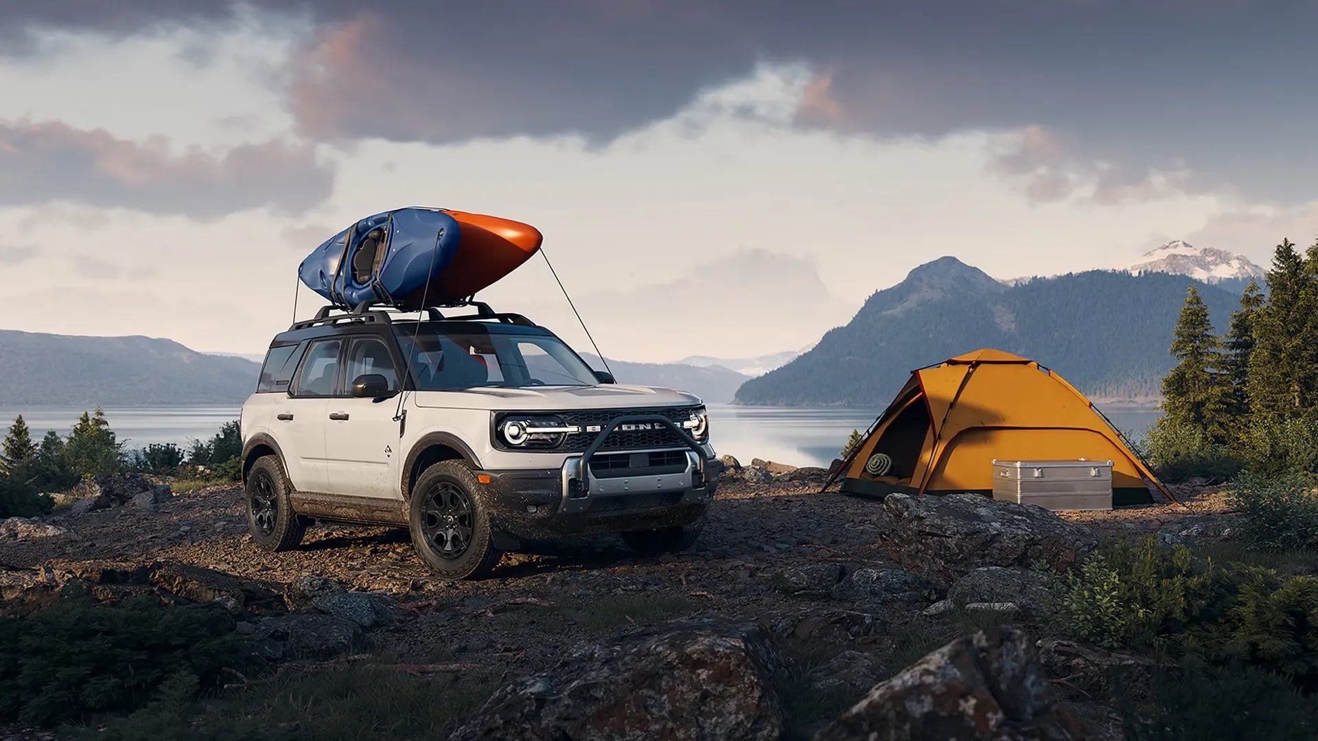 2026 Ford Bronco Sport parked at a campsite with outdoor gear