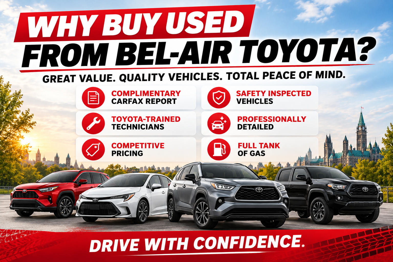 Bel-Air Toyota Ottawa pre-owned vehicle benefits including complimentary CARFAX reports, safety inspections, Toyota-trained technicians, competitive pricing, professional detailing and a full tank of gas.