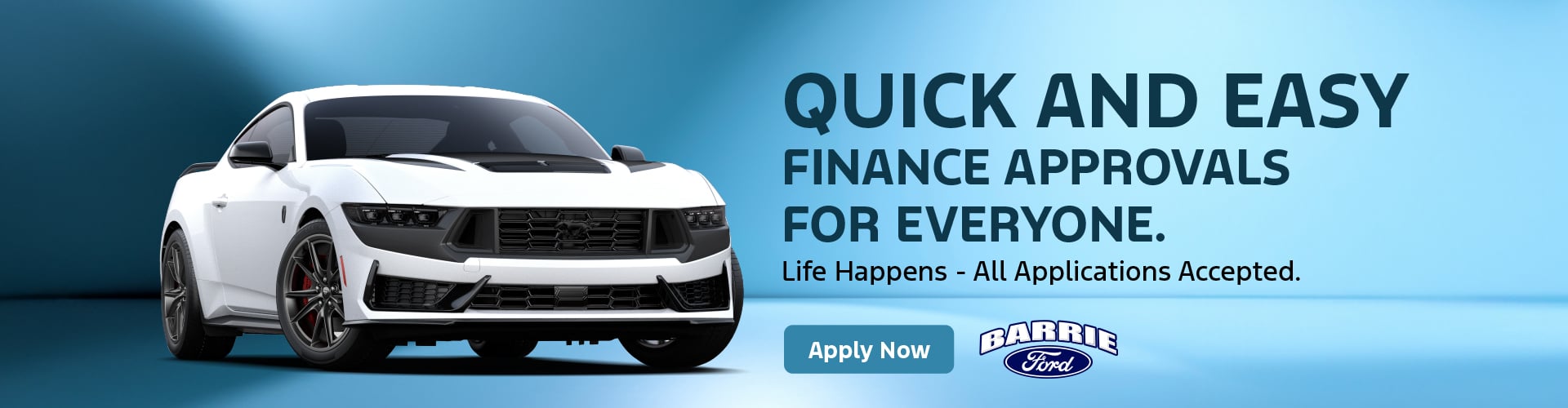 A promotional graphic from Barrie Ford featuring a white Ford Mustang on a blue background. The text reads