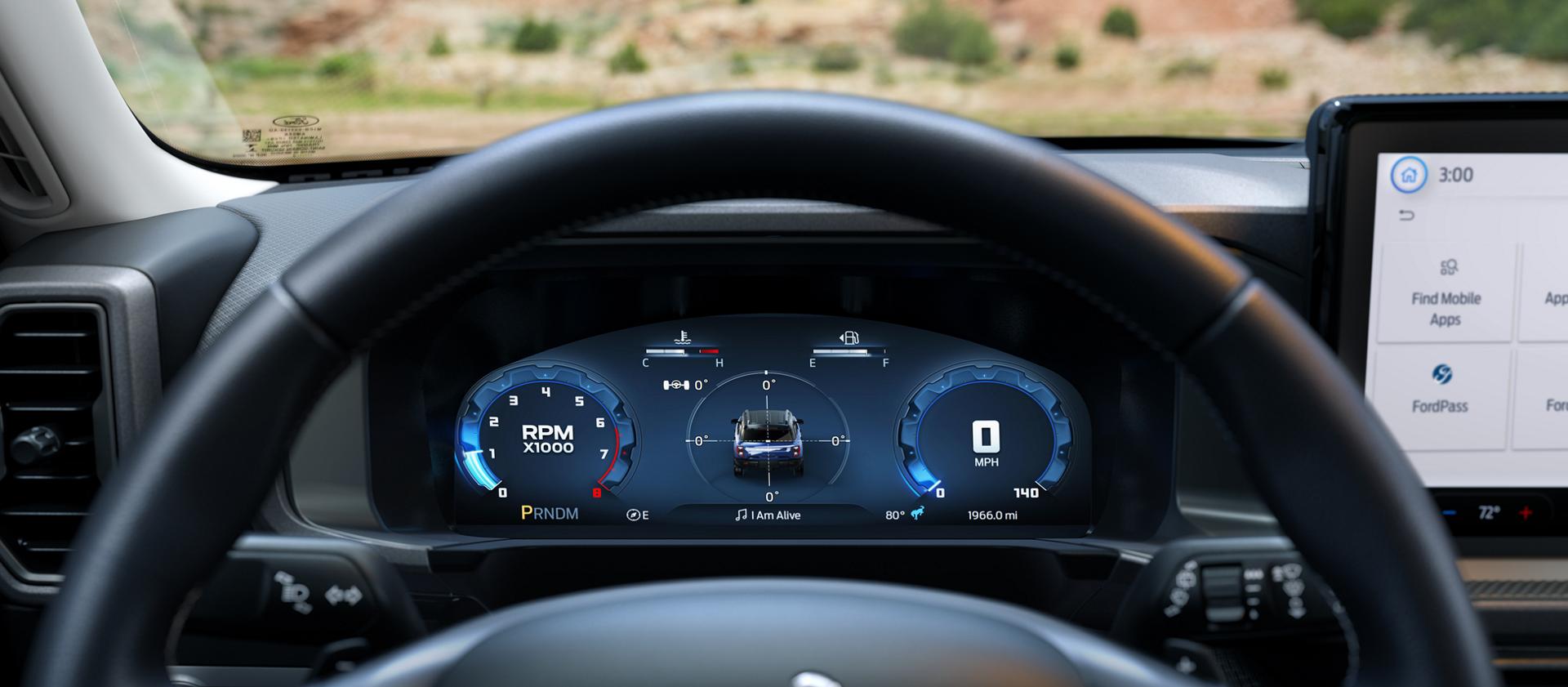 Driver’s view of the digital gauge cluster in the 2026 Ford Bronco Sport