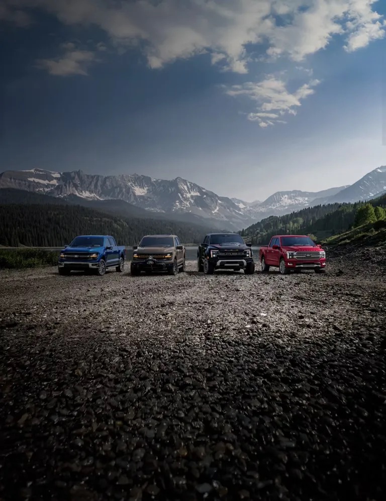 Multiple pickup trucks parked on a rocky landscape with mountains