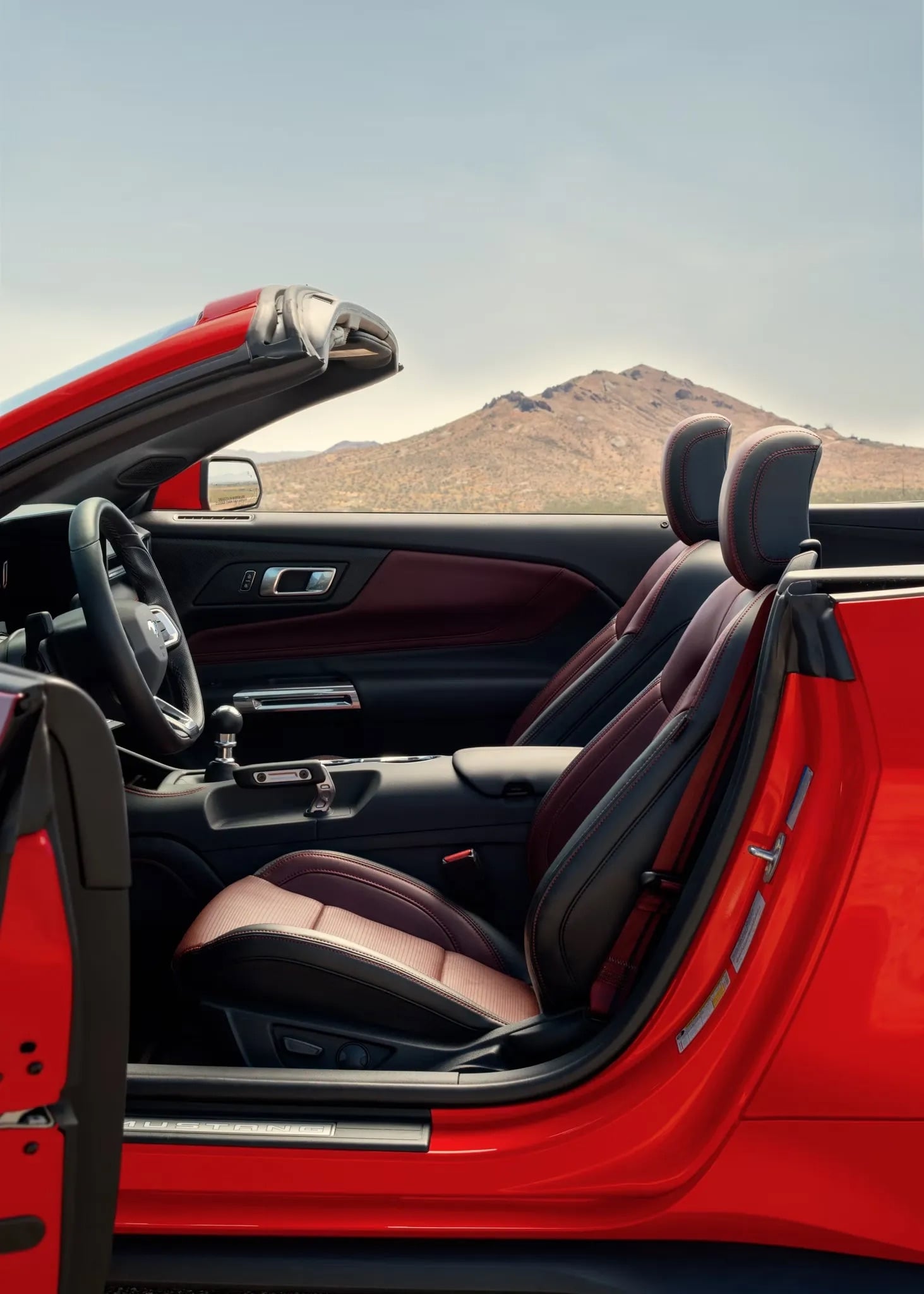 2026 Ford Mustang convertible interior with red leather seats open top