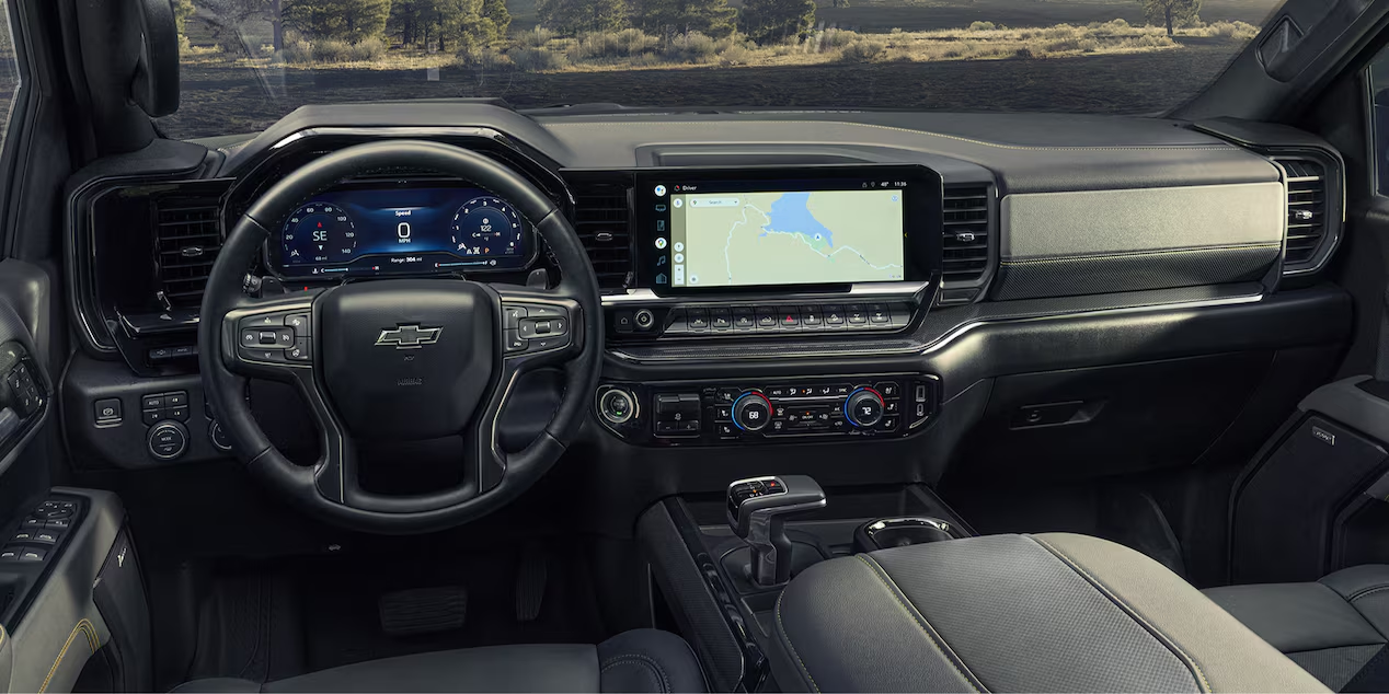 Front View Interior of the Steering Wheel and Dashboard of a 2025 Chevy Silverado Pickup Truck
