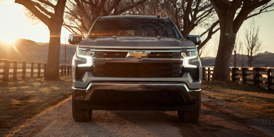 Front view of a 2025 Chevrolet Silverado LD parked alone on a tree-lined road.