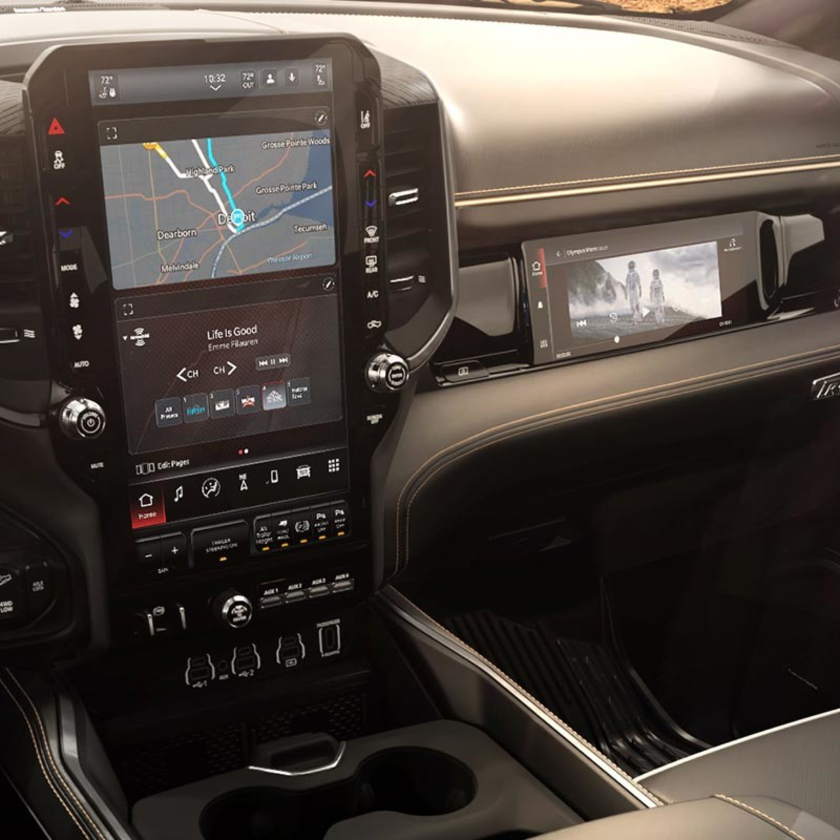 Dashboard of 2025 Ram 2500 HD featuring 14.5-inch Uconnect touchscreen and passenger display screen